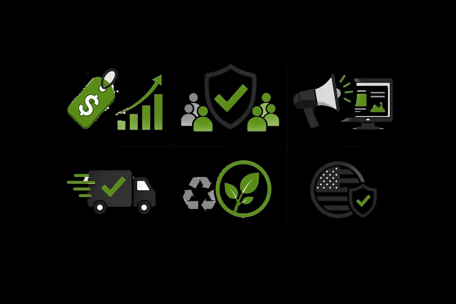 Icons representing sustainability: price tag, charts, shield, megaphone, delivery truck, recycling, plant, and a flag with a checkmark.