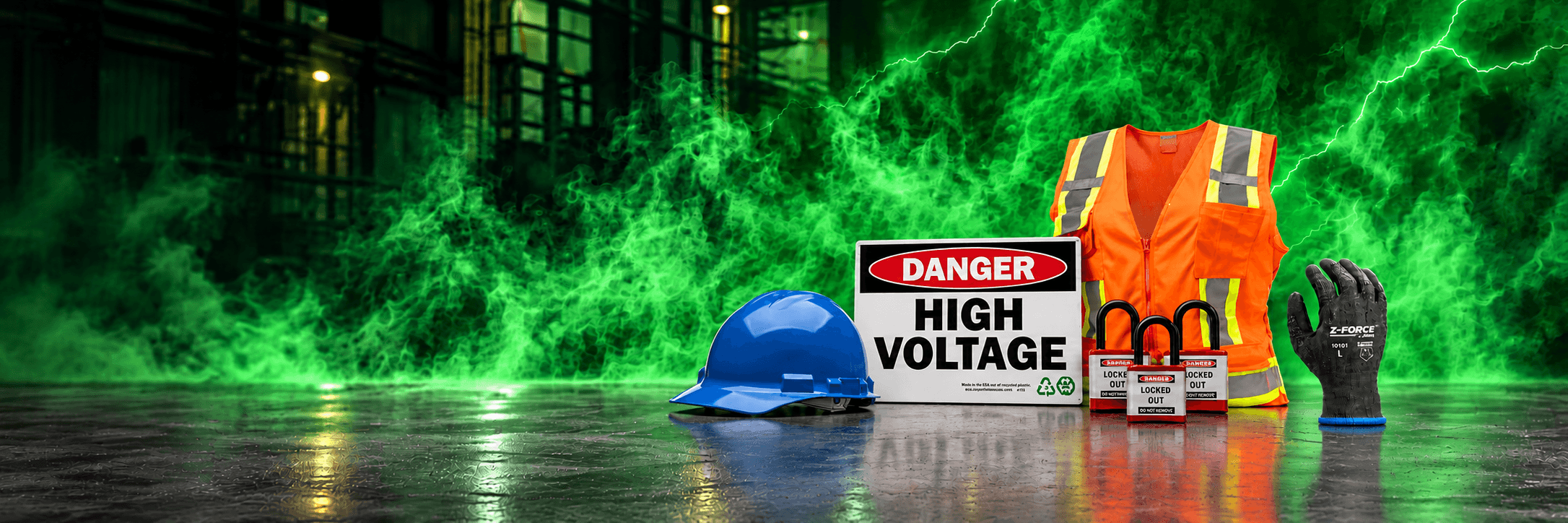 Safety gear setup includes a hard hat, high visibility vest, gloves, locks, and a "Danger High Voltage" sign with a green smoky background.