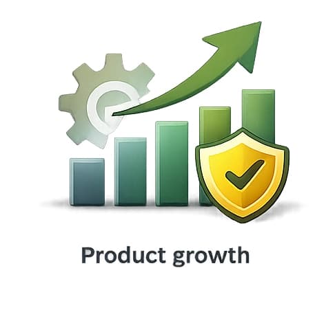 Bar chart with a green upward arrow, gear, and shield icon, labeled "Product Growth," symbolizing progress and security.