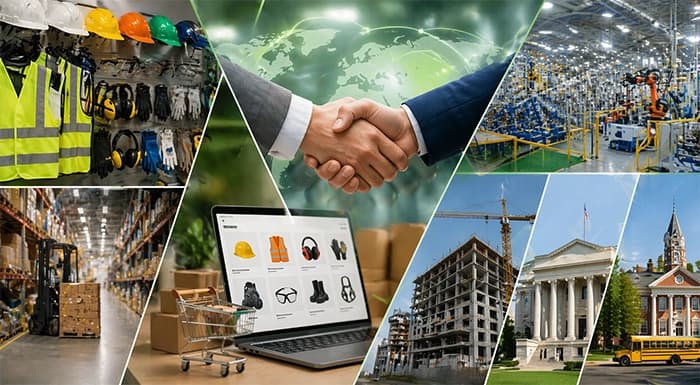 Collage of various industries: safety gear, handshake, warehouse, laptop shopping, construction, factory, and public buildings.