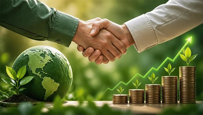 Two people shake hands near a small globe with plants growing on stacked coins, symbolizing sustainable growth and environmental cooperation.