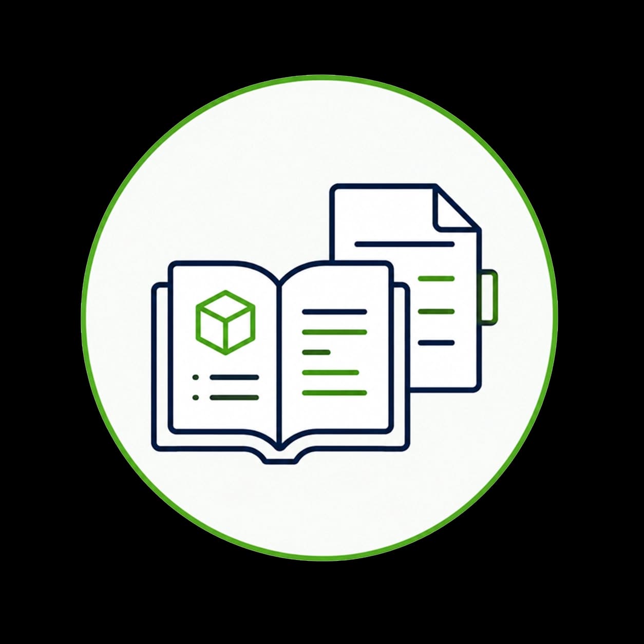 Icon of an open book with text and a cube, alongside a document, encircled in green.