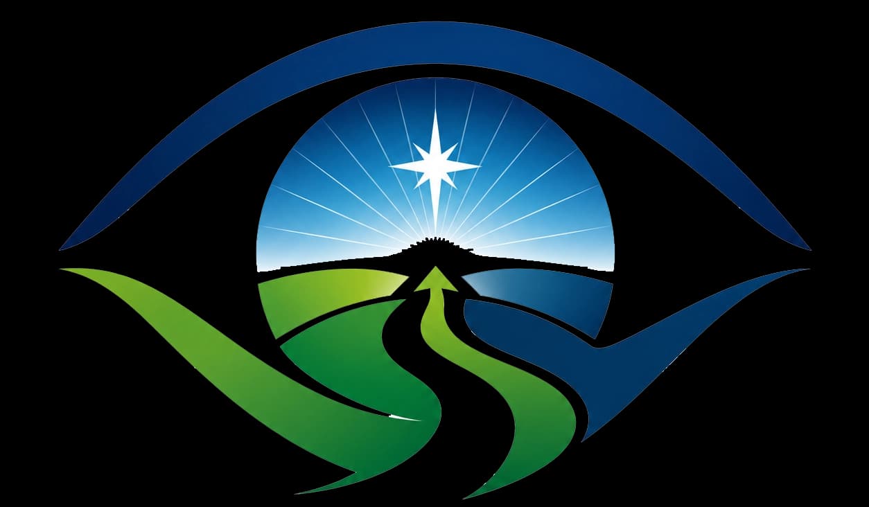 Eye-shaped logo with a star over a sun and green-blue landscape, symbolizing vision and guidance.