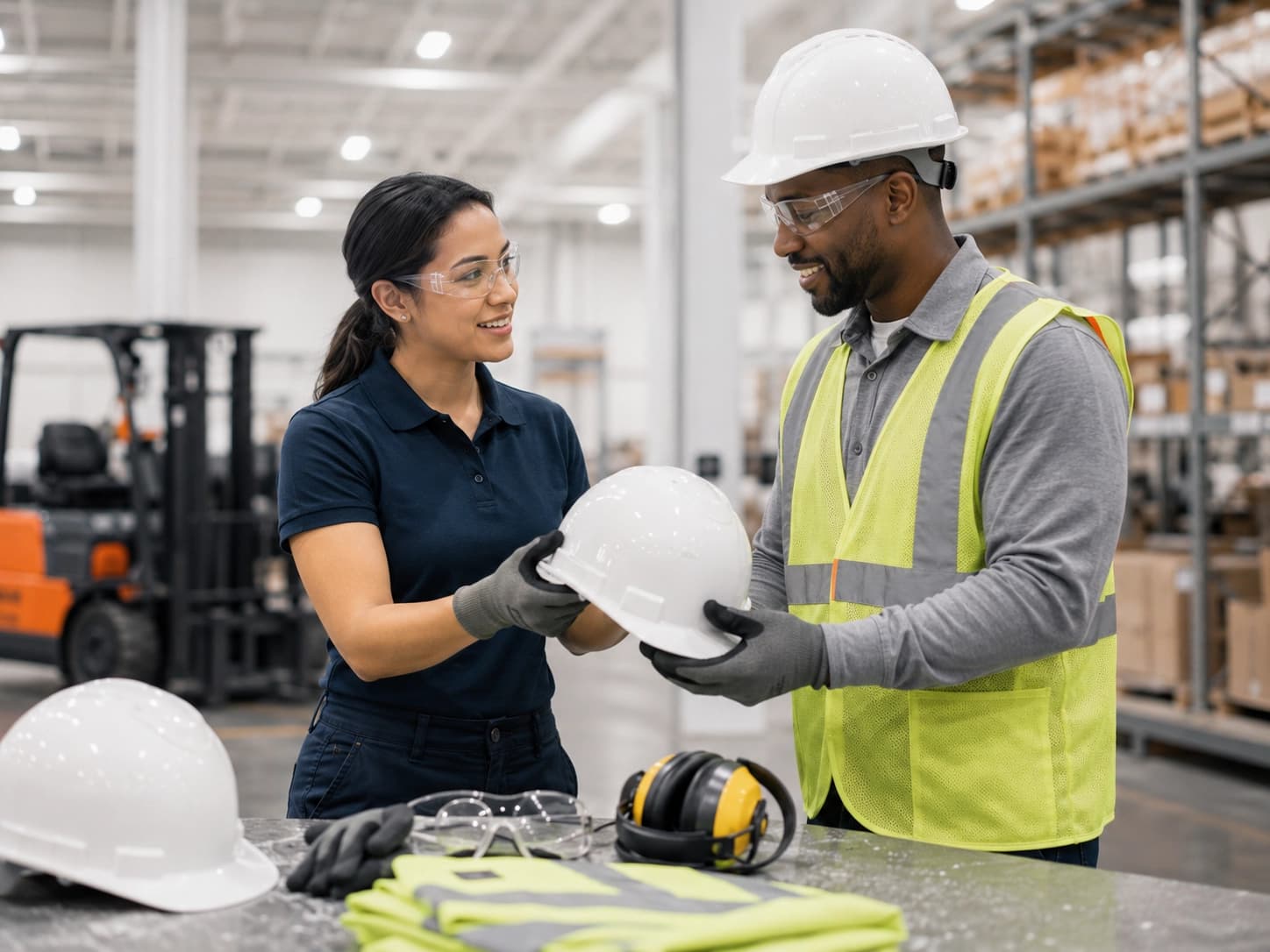 Warehouse employees inspecting a white hard hat and other personal protective equipment