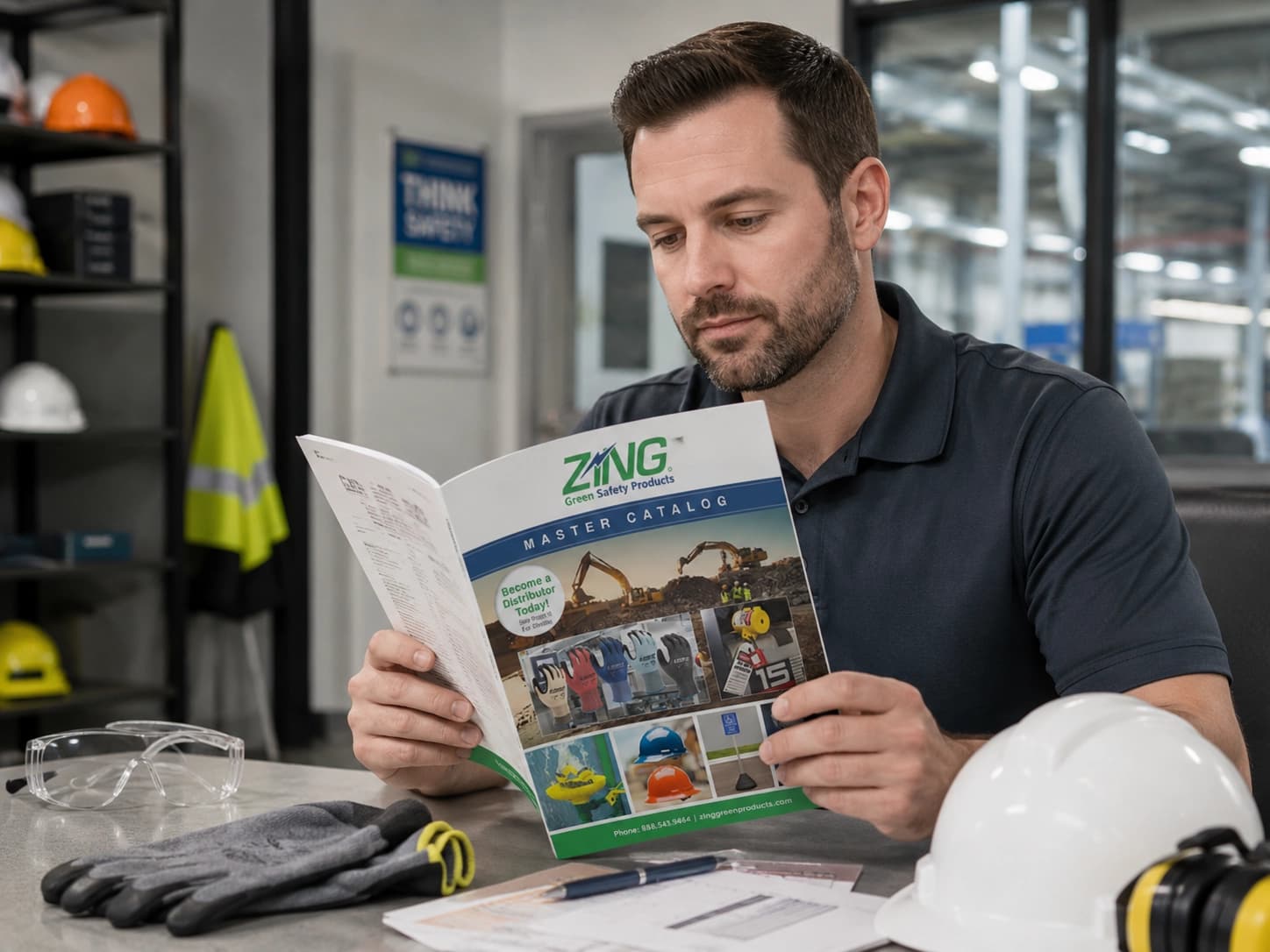 Man reading a catalog at a desk with safety gear, including gloves, goggles, and a hard hat, in an industrial setting.