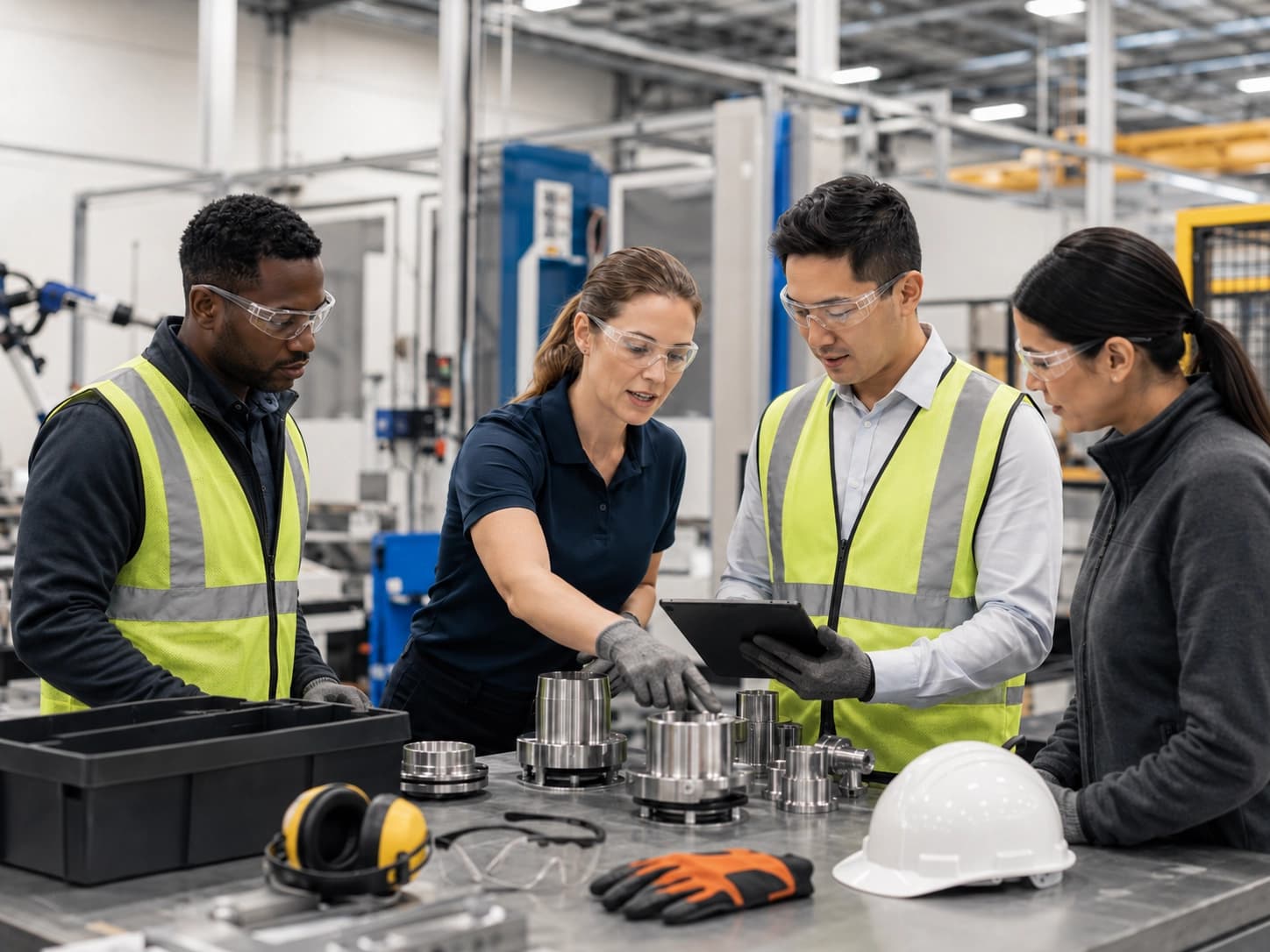 Manufacturing team reviewing metal components and safety equipment at a workbench