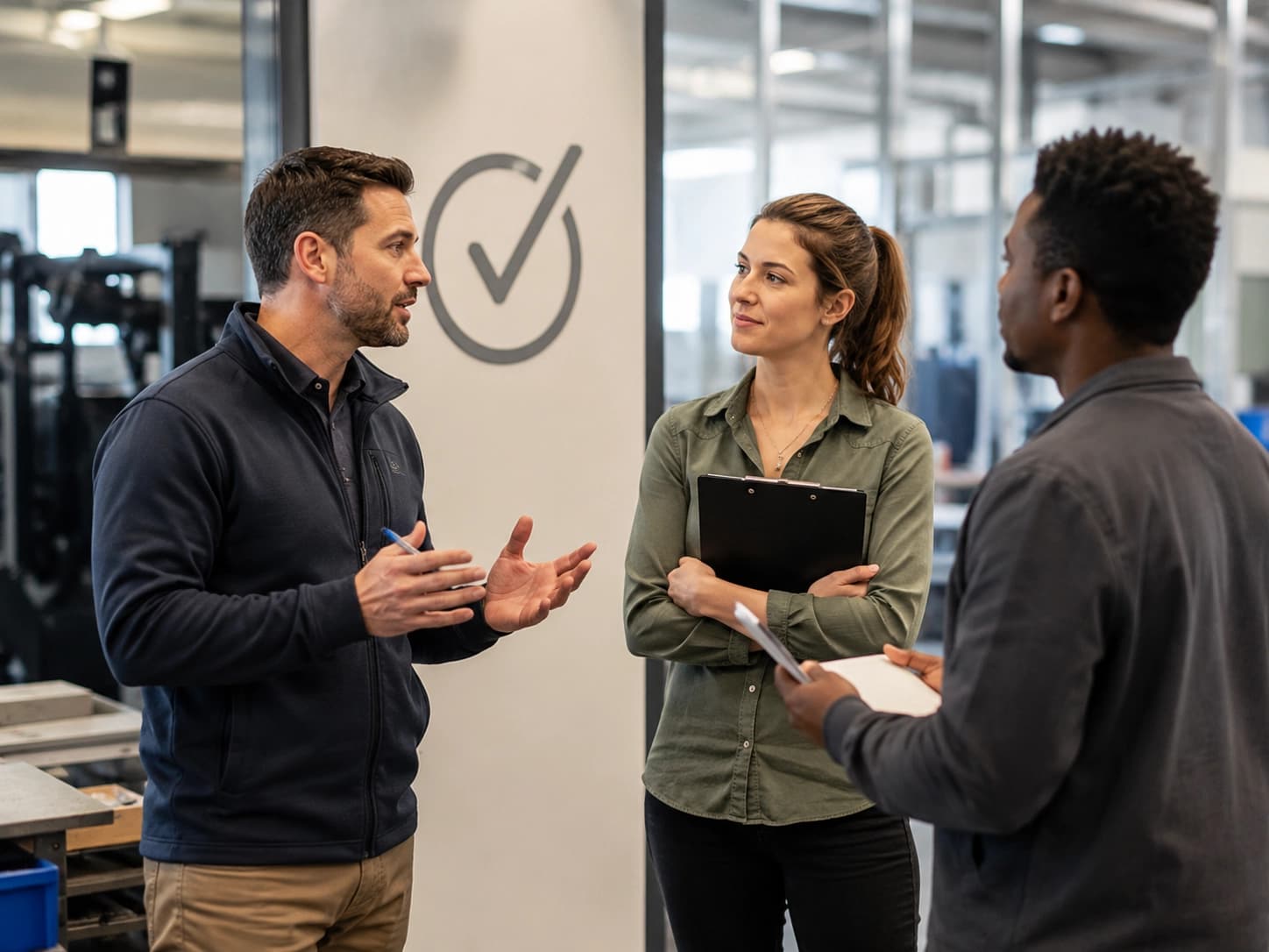 Three coworkers discussing workplace safety improvements in a manufacturing facility