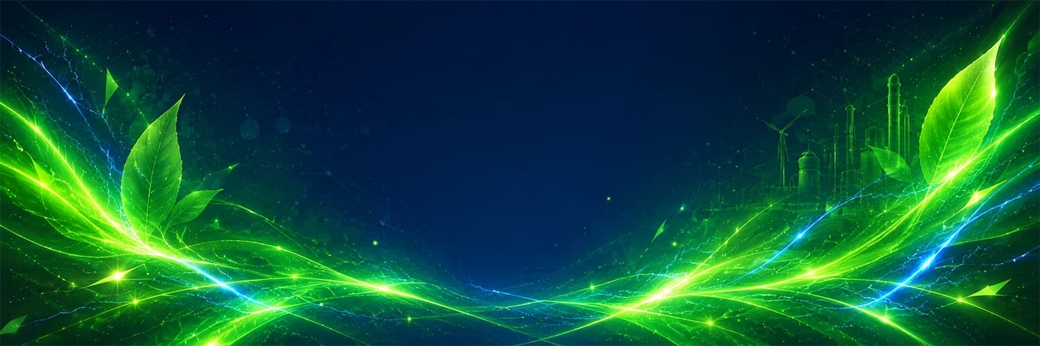 Glowing green leaves and abstract streaks form a dynamic, eco-themed pattern on a dark blue background, symbolizing energy and sustainability.