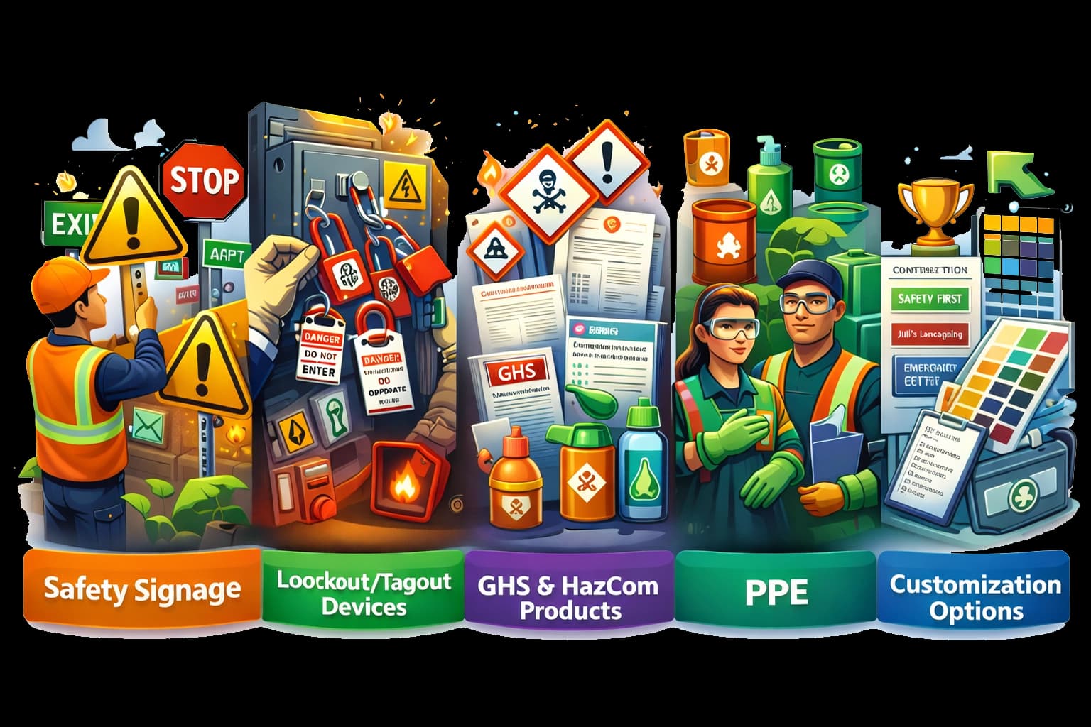 Illustration of workplace safety categories: safety signage, lockout/tagout devices, GHS & HazCom products, PPE, and customization options.