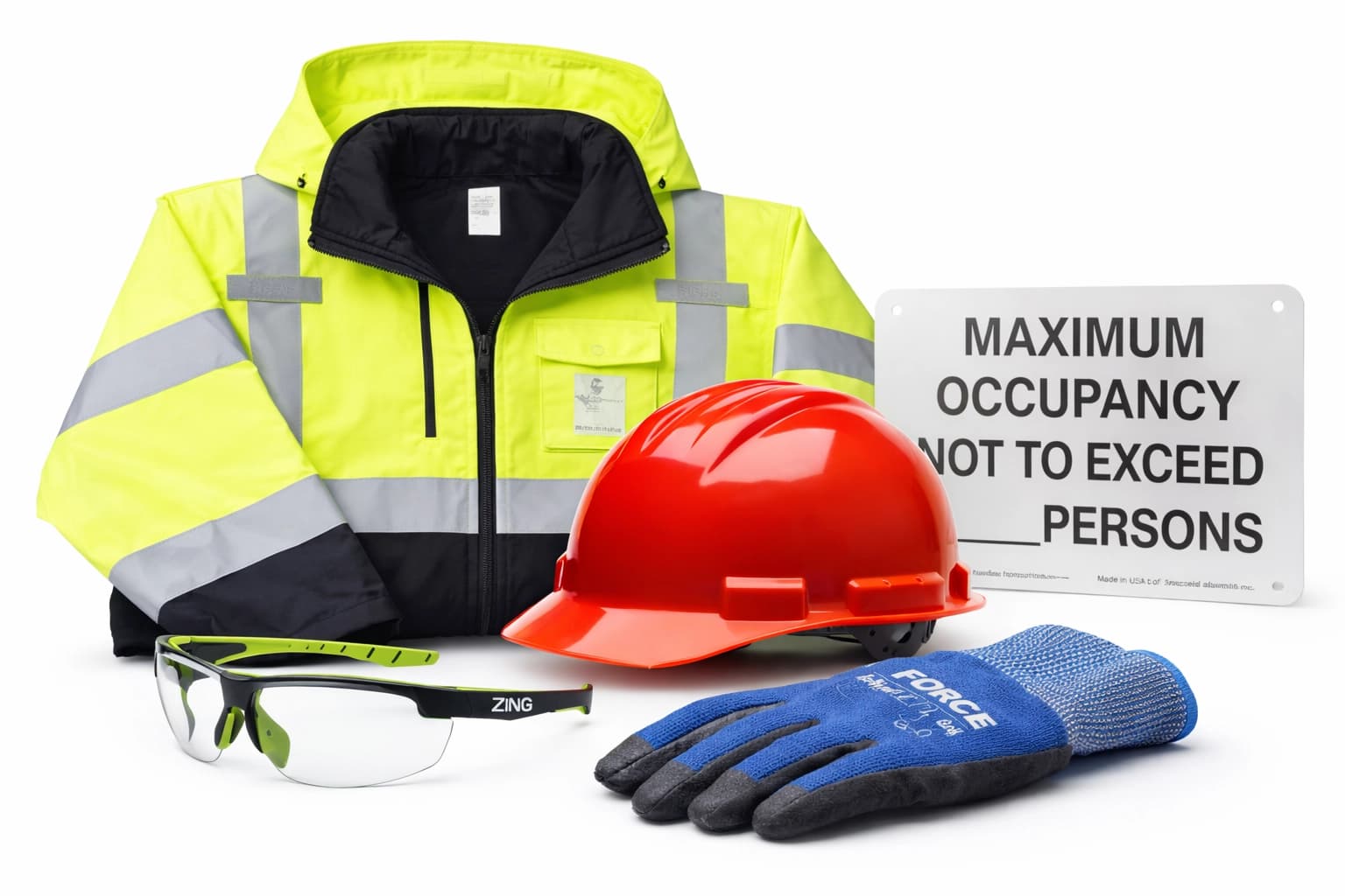 Safety gear set with a hi-vis jacket, red hard hat, safety glasses, blue work gloves, and a maximum occupancy sign on a white background.