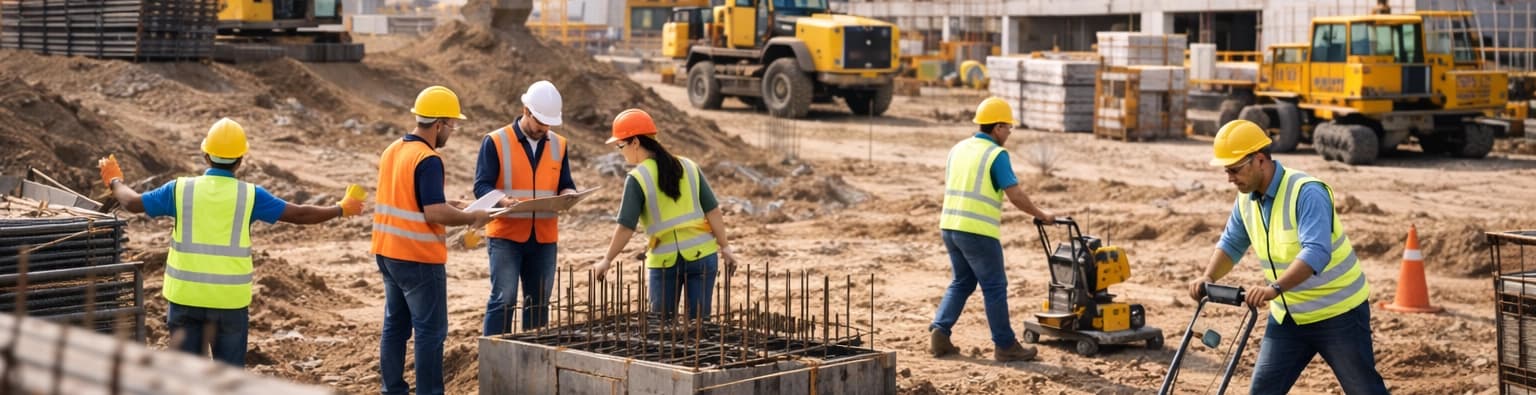 Construction workers on-site wearing safety vests and helmets, using tools and machinery, with vehicles and building materials in the background.