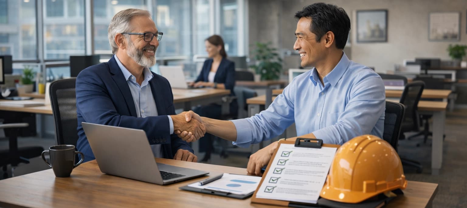 Business partners shaking hands after reviewing a workplace safety plan