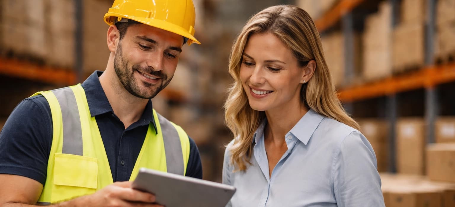 Warehouse employee and business professional reviewing information on a tablet