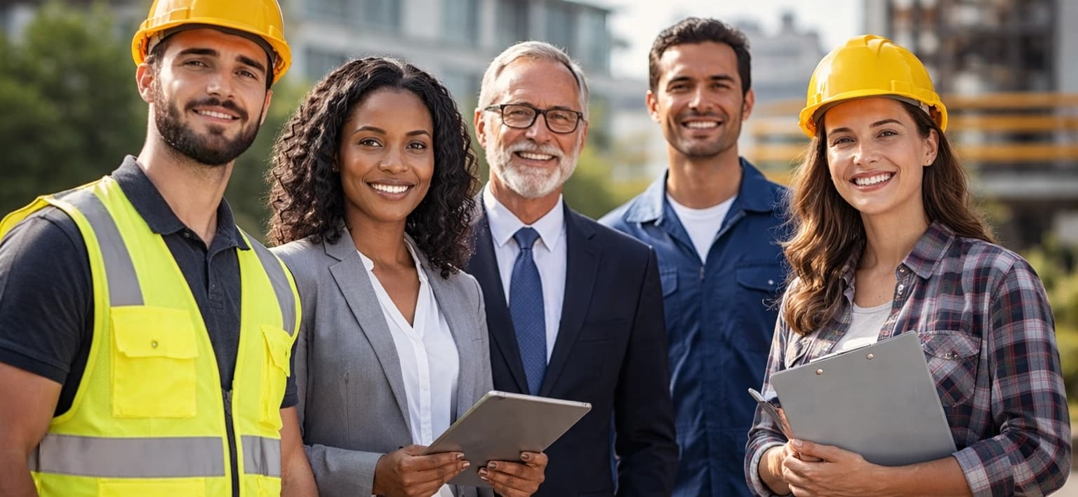Safety professionals and business leaders standing together at an industrial worksite