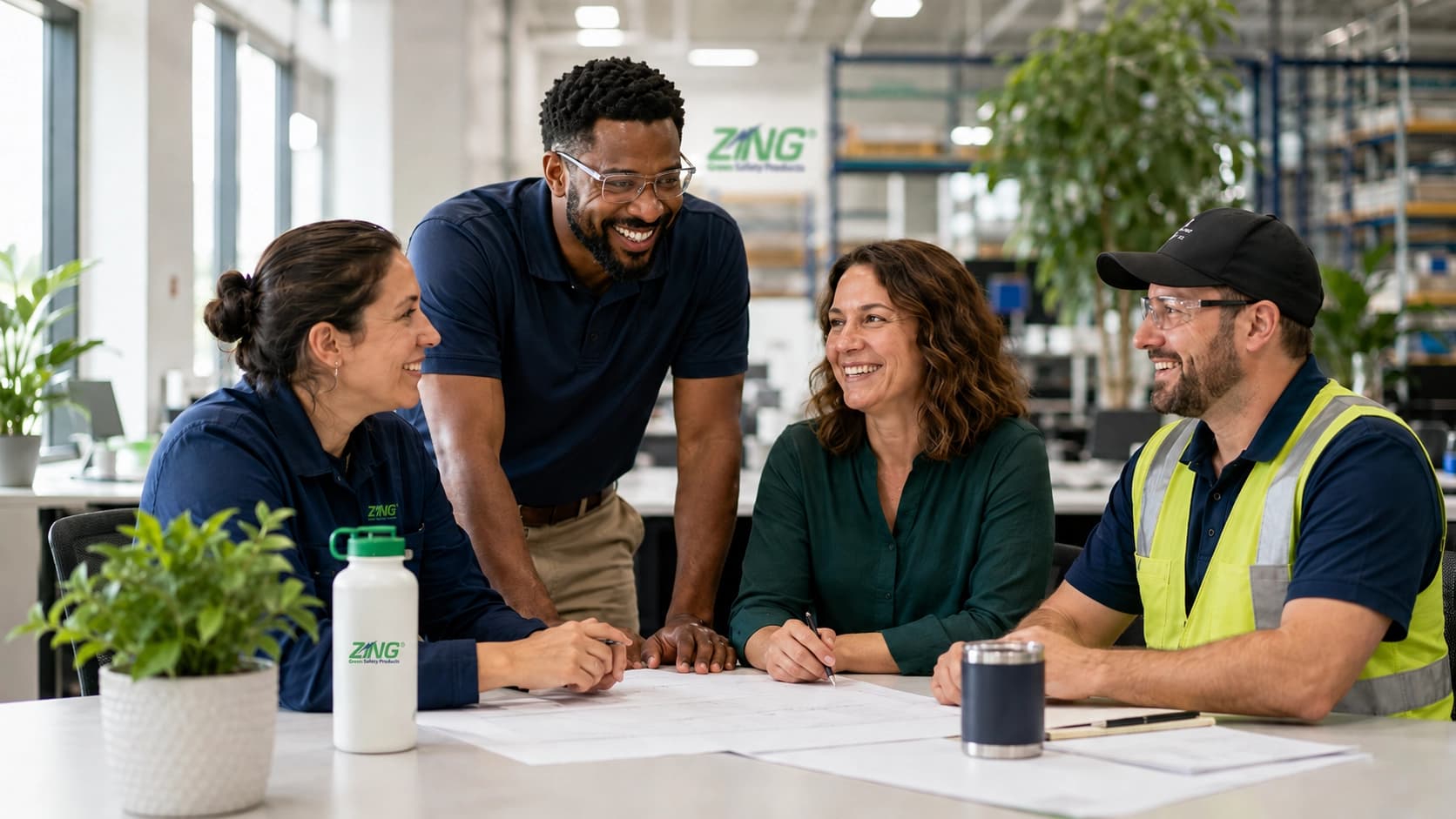 Safety professionals reviewing plans together in a bright industrial workspace with PPE, greenery, and Zing-branded materials.