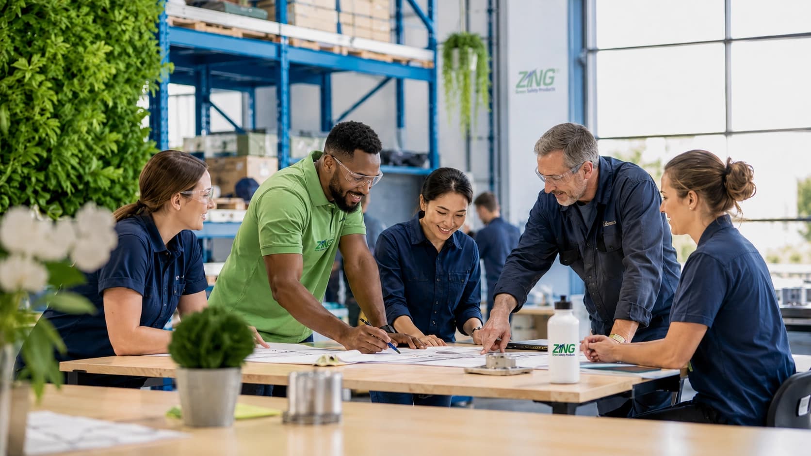 Team of safety product professionals collaborating over plans in a bright industrial workspace with greenery and warehouse shelving.