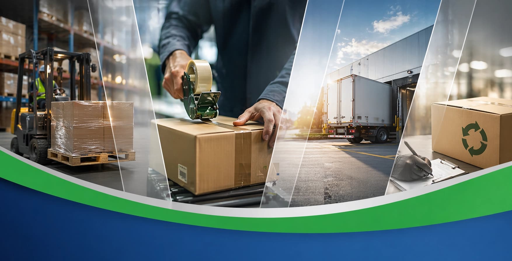 Collage of logistics: forklift moving pallets, person sealing a box, truck at a warehouse, and box with recycling symbol, all on a blue and green backdrop.
