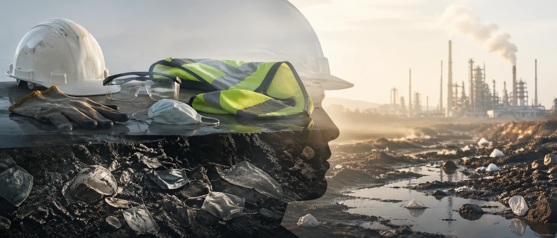 used safety equipment that has been discarded next to a factory