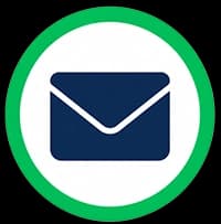 Dark blue envelope icon encircled by a green and white border, symbolizing email or messaging.