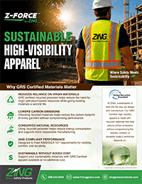 Promotional poster for Z-Force's sustainable high-visibility apparel highlighting benefits like reduced carbon emissions and compliance with safety standards.