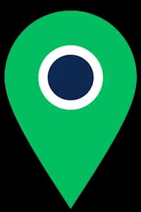 A green map pin icon with a dark blue circular center outlined in white.