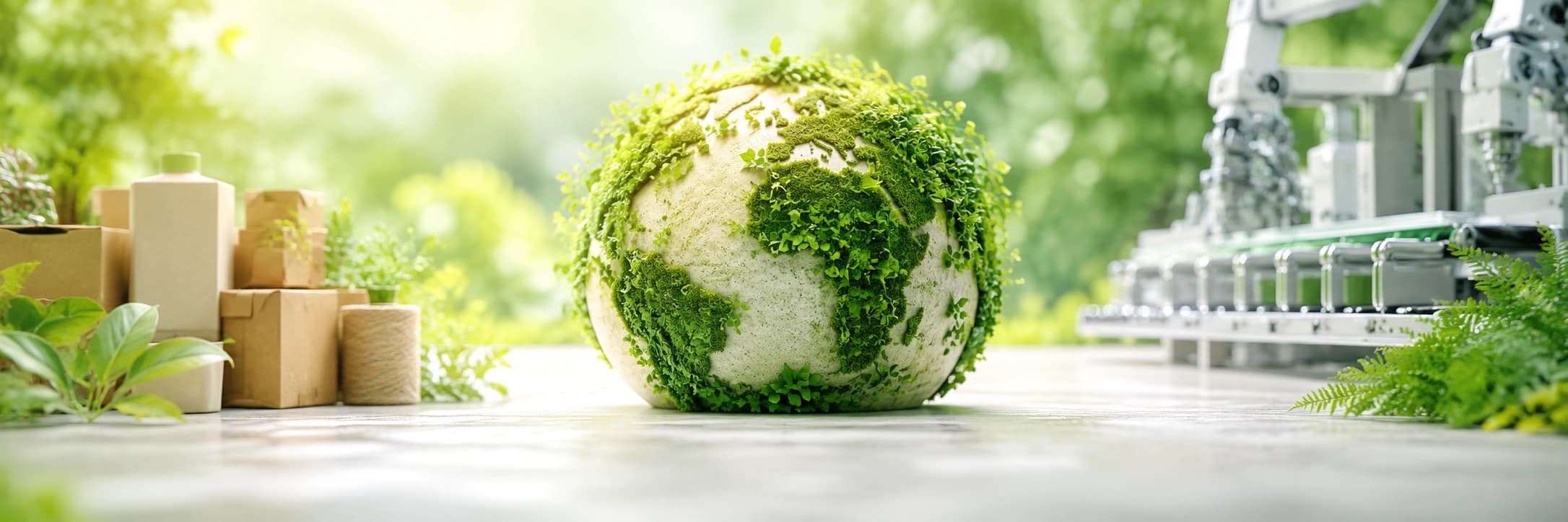 A globe covered in green plants, surrounded by cardboard boxes and a robotic arm, symbolizing sustainable technology and eco-friendly packaging.