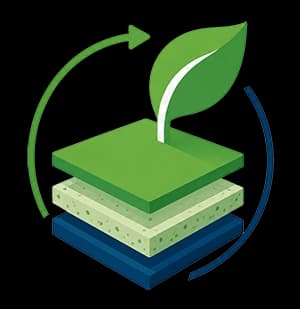 Three stacked layers with a green leaf on top, surrounded by green and blue arrows, symbolizing sustainability and growth.