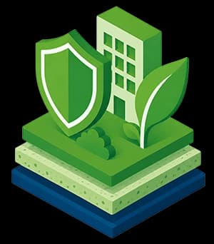 Illustration of a green shield, building, and leaf on layered platforms, symbolizing eco-friendly security and sustainable architecture.