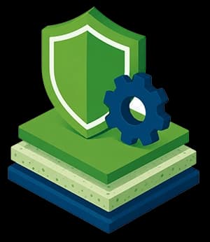 Illustration of a green shield and blue gear on layered platforms, representing security and system settings.
