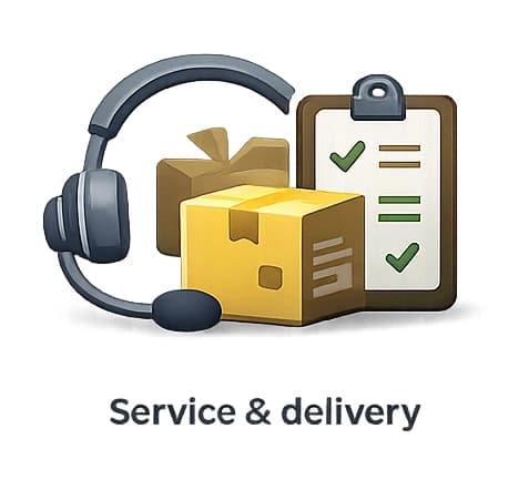 Headset, cardboard boxes, and checklist with green check marks labeled "Service & delivery."