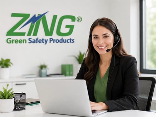 Woman in a black blazer with a headset, smiling at a laptop, in a bright office with "Zing Green Safety Products" logo on the wall.