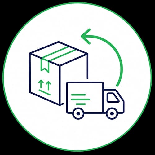 Icon of a package and delivery truck with a green arrow, symbolizing return or delivery in a green-bordered circle.