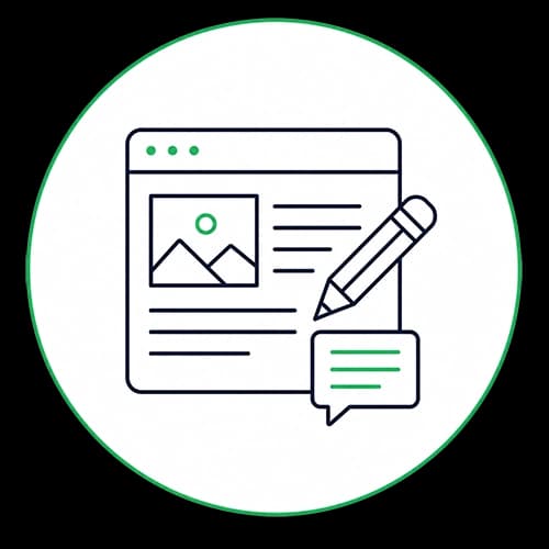 Illustration of a webpage with a photo, text lines, a pencil, and a speech bubble, symbolizing online writing or content creation.