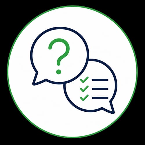 Two overlapping chat bubbles: one with a green question mark, the other with green checkmarks and horizontal lines, encircled by a green ring.