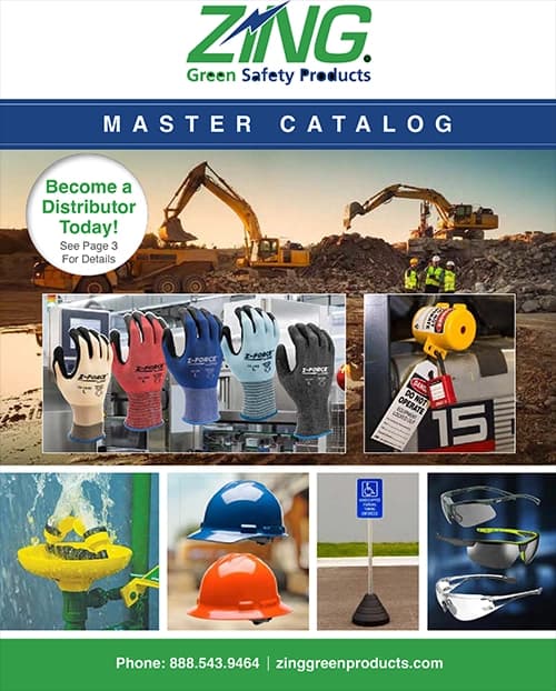 Zing Green Safety Products catalog cover with gloves, helmets, safety gear, and construction site images. Contact info included.