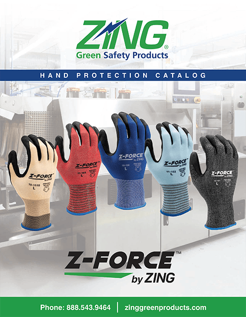 Catalog cover featuring five Z-Force protective gloves in various colors from Zing Green Safety Products, against an industrial background.