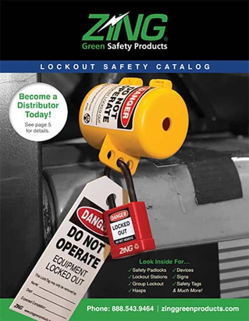 Zing Green Safety Products catalog cover featuring a lockout device with a red padlock and "Do Not Operate" tag on machinery.