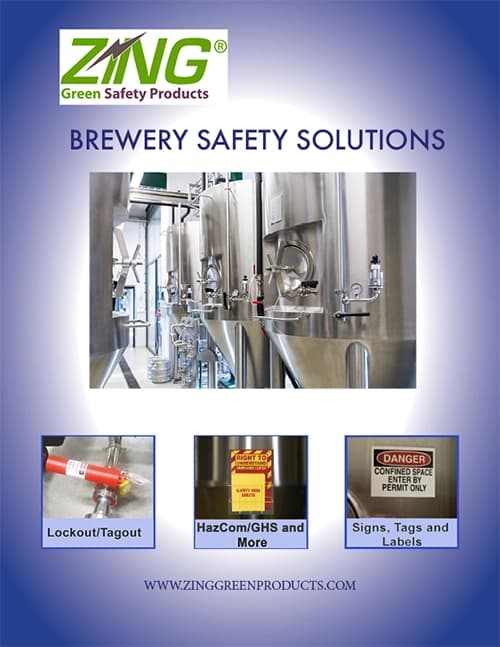 ZING Green Safety Products ad featuring brewery tanks and safety solutions like Lockout/Tagout, HazCom/GHS, and signs.