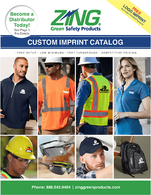 Catalog cover for Zing Green Safety Products, showcasing branded workwear, safety gear, glasses, and bags with contact details at the bottom.
