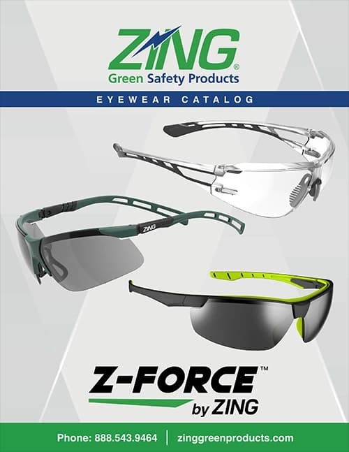 ZING Green Safety Products catalog cover featuring three styles of safety eyewear. Contact details at the bottom.