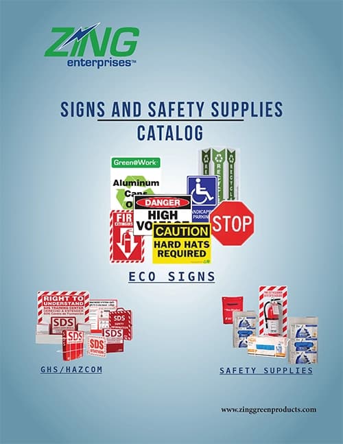 Catalog cover for Zing Enterprises with various safety signs, including stop, caution, and handicap symbols, and products for safety supplies.