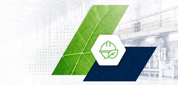 Green leaf and blue geometric shapes with an eco-friendly hard hat icon overlay, set against an industrial background.