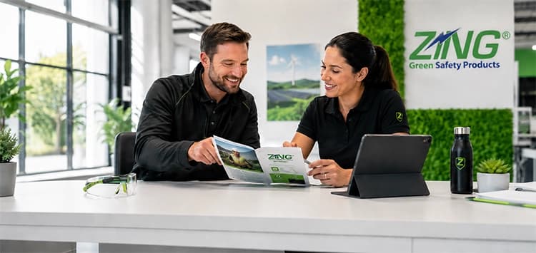 Two people discussing a brochure at a table in a modern office with green decor. Zing Green Safety Products logo is visible on the wall.