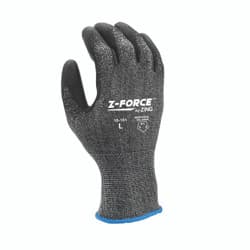 Gray speckled knit work glove with black palm coating, back view