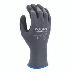 Gray knit work glove with black coated palm and fingers, back view