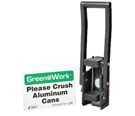 Can crusher with sign, "please crush alumnum signs."