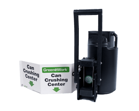 Can crusher with sign and can collection barrel