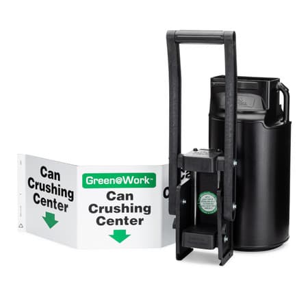 can crusher, can collection barrel, and sign