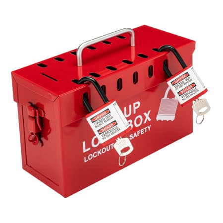 Group Lockout Box, Red Steel, 12 Lock Capacity, locked out