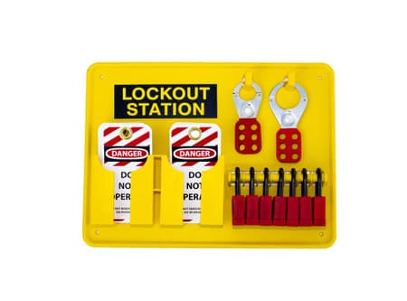 Mini Lockout Station, Yellow Plastic, 7 Locks, Hasps, and Tags